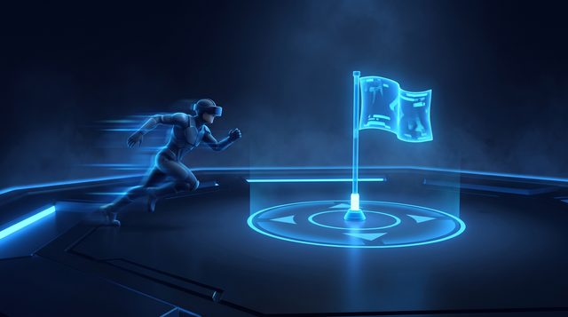 Illustration: ein Spieler mit VR-Brille sprintet auf eine leuchtende Flagge in der Basis zu