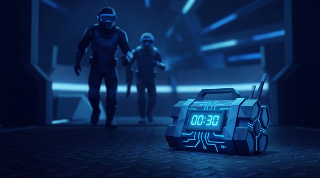 Illustration: eine Bombe mit Timer auf 00:30, im Hintergrund zwei Spieler mit VR-Brillen